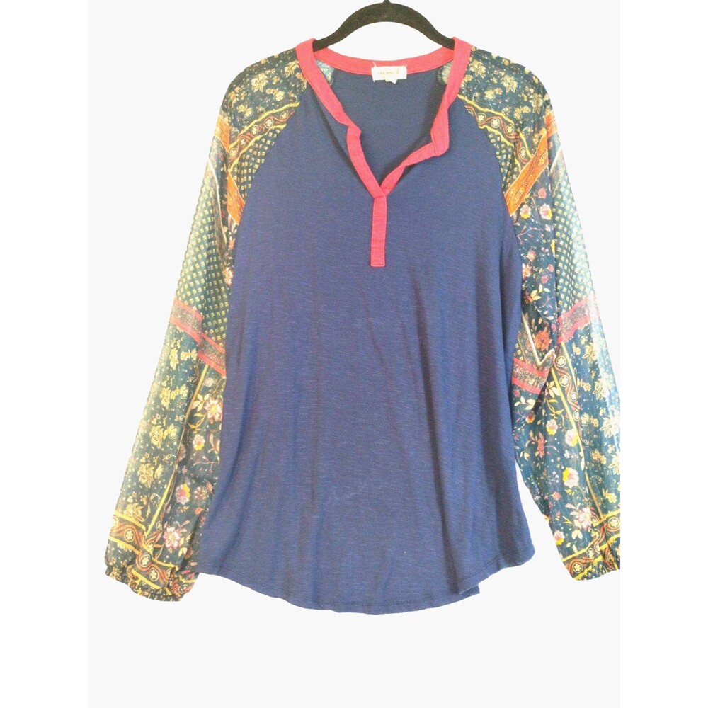 One World Top Women's L Long  Sheer Sleeves Navy Knit Henley Boho Skater VTG
